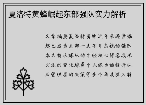 夏洛特黄蜂崛起东部强队实力解析