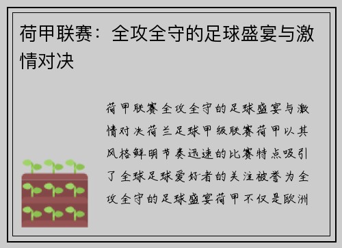 荷甲联赛：全攻全守的足球盛宴与激情对决